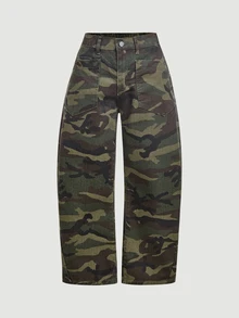 SHEIN PETITE 女款迷彩休閒日常牛仔褲，附口袋與鈕扣設計 - 軍綠色 - 查看 9