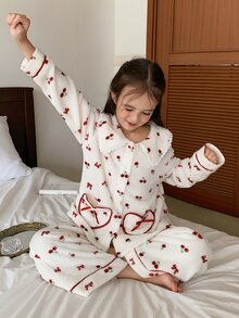 DAZY Girls (Large) Lapel Long Sleeve Cherry Pattern Top + Straight Leg Pants Casual 2 Pieces Set - White - View 1