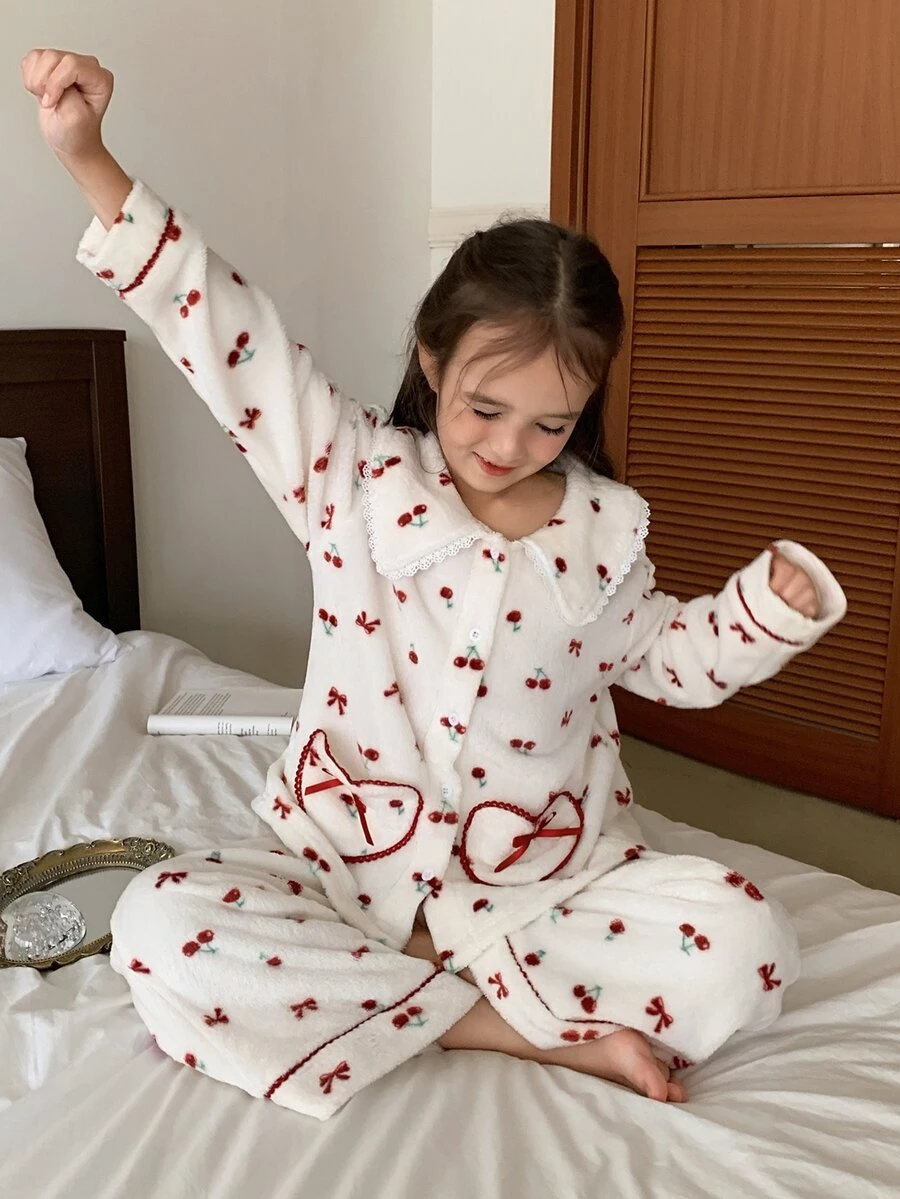 DAZY Girls (Large) Lapel Long Sleeve Cherry Pattern Top + Straight Leg Pants Casual 2 Pieces Set - White - View 1