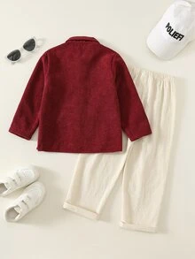 SHEIN 2件組兒童小男孩服飾拼色條紋貼袋翻領長袖鈕扣襯衫與長褲套裝，適合日常穿著與節日派對 - 彩色 - 查看 2