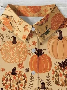 Mellowie Plus Size Women's Pumpkin Plant Pattern Ruffle Short Sleeve Single-Breasted Shirt - Multicolor - View 3