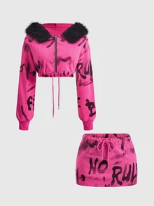 ROMWE Street Life Sweatshirt Crop Top Warna Pink Mawar Gaya Jalanan Hot Girl dengan Cetakan Grafiti Huruf, Kerah Fleece, Panjang Pendek, Set 2 Potong untuk Wanita - Berwarna merah muda - View 12