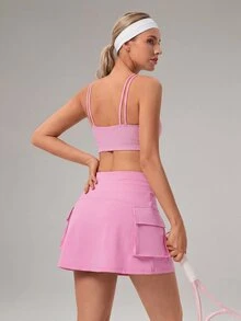 OutZeal Tennis Skirts Women Sports Pink Skirts Gym Workout 2-In-1 Design Built-In Shorts High Waist - Pink - View 9