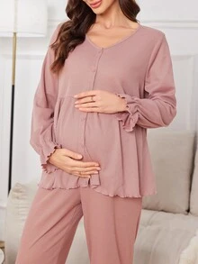 Moonlight&Mama 純色寬鬆喇叭袖前開襟V領孕婦居家服套裝 - 粉色 - 查看 3