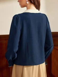 Vintamour 女款花卉圖案撞色休閒日常長袖襯衫 - 藏蓝色 - 查看 7