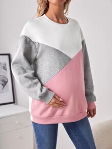 SHEIN Maternity Minimalist Versatile Colorblock Long Sleeve Sweatshirt For Daily Wear - Pink - View 3