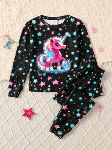 SHEIN Tween女孩秋冬針織螢光可愛卡通獨角獸與星星圖案圓領T恤+長褲修身居家服4件套，保暖內裡磨毛厚實面料，適合秋冬，黑色 - 黑色 - 查看 6