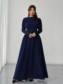 Elenzga 大尺碼女款秋冬長袖露肩假領收腰A字優雅浪漫精緻連身裙 - 藏蓝色 - 查看 1