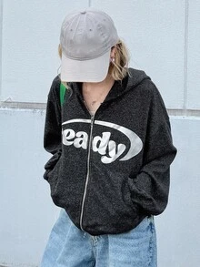 FRIFUL Women's Letter Graphic Drop Shoulder Long Sleeve Zip-Up Hooded T-Shirt Graphic Tees - Grey - View 4