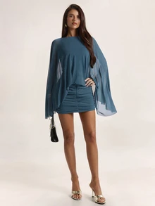 SHEIN BAE Fall Winter Teal Blue Boat Neck Sheer Flare Sleeve Ruched Bodycon Mini Dress Short Dresses Thanksgiving Day Of The Dead Party - Green - View 4