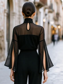 SHEIN Women's Elegant Sheer Cape Sleeve High Neck T-Shirt Black - Black - View 2