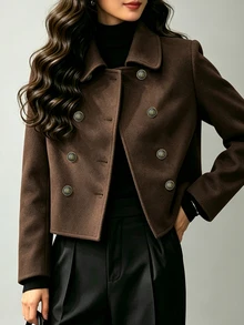 SHEIN Women's Commuter Street Minimalist Fashion Casual Versatile Brown Lapel Double-Breasted Bronze Button Long Sleeve Napoleon Style Overcoat, Suitable For Outings, Gatherings With Friends, Home, Shopping, Entertainment, Work And More, All-Match Style With Comfortable Fabric, Unique Design, High Cost-Performance, Suitable For Spring, Autumn And Winter - Brown - View 6