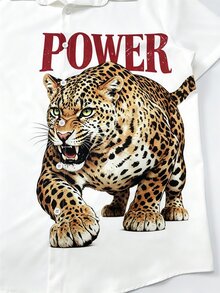 Resyla Men Men's Solid Color Turn Collar Letter & Tiger Print Short Sleeve Shirt - White - View 6