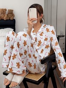 Napfluff Set Piyama Wanita Lengan Panjang dan Celana dengan Motif Permen Jahe Natal, Saku Kerah, Kancing Depan, dan Potongan Celana. - Putih - View 4