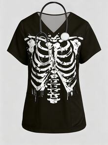 PopScrub Halloween Skeleton Ribcage Print Nurse Scrub Top, V-Neck Short Sleeve Fashionable Workwear With Dual Pockets And Side Slits, Cute Surgical Scrub Top For Women, Scrub Uniform Top - Multicolor - View 1