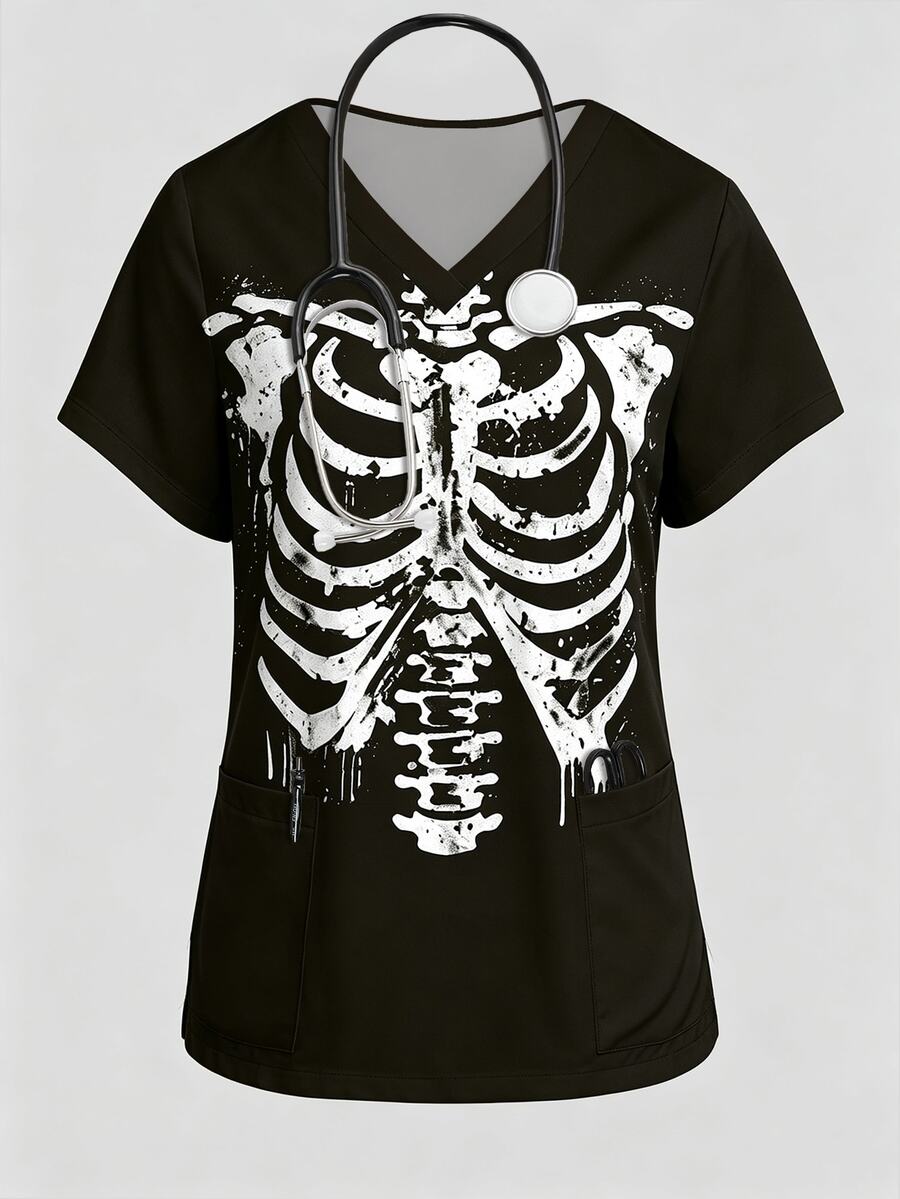 PopScrub Halloween Skeleton Ribcage Print Nurse Scrub Top, V-Neck Short Sleeve Fashionable Workwear With Dual Pockets And Side Slits, Cute Surgical Scrub Top For Women, Scrub Uniform Top - Multicolor - View 1