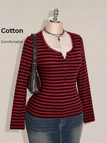 SHEIN ICON Women's Plus Size Autumn/Winter Contrast Lace Black & Gray Striped Fitted T-Shirt Fall - Multicolor - View 1