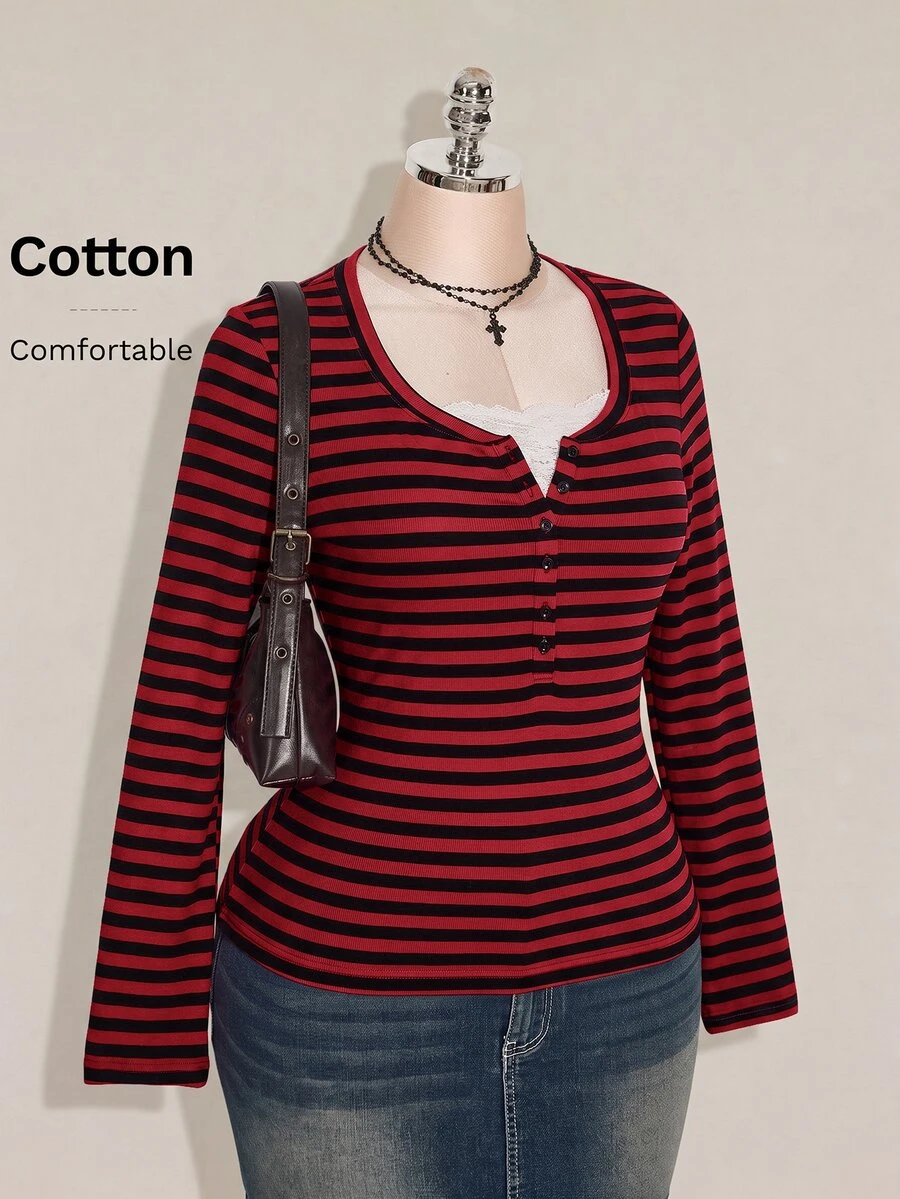 SHEIN ICON Women's Plus Size Autumn/Winter Contrast Lace Black & Gray Striped Fitted T-Shirt Fall - Multicolor - View 1