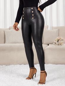 SHEIN Lady سروال ضيق أنيق للنساء بصفين من الأزرار المعدنية وخصر عالي للخريف والشتاء - الأسود - مشاهدة 5