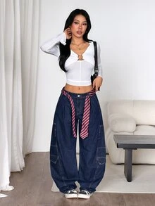 Muchica Celana Jeans Denim Wanita dengan Kantong Kargo, Potongan Lebar, dan Potongan Melengkung. - Biru - View 1