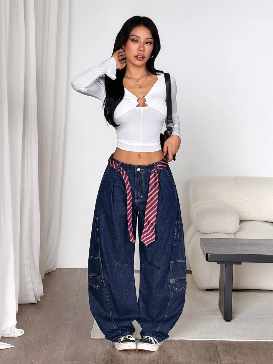 Muchica Celana Jeans Denim Wanita dengan Kantong Kargo, Potongan Lebar, dan Potongan Melengkung. - Biru - View 1