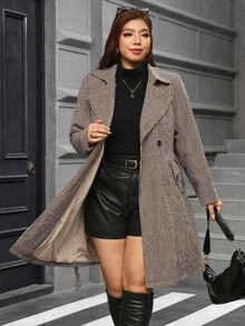 SHEIN Clasi 大尺碼女款千鳥格長袖雙排扣優雅大衣，白色，秋季辦公正式款 - 棕色 - 查看 8