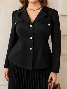 Roveilla Plus Size Elegant Commuter Blazer Sun Pleated Skirt 2 Pieces Set Dinner Formal Black Winter - Black - View 6