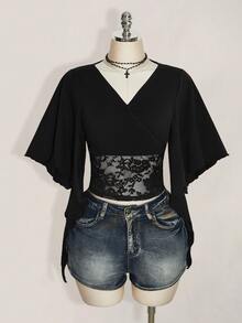 SHEIN ICON Dam T-shirt i plus size med svart spets och patchwork - Svart - Visa 3