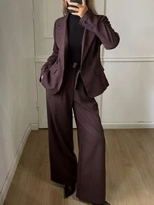 DAZY Women's Solid Color Long Sleeve Jacket And Pants Casual Commute Suit Set - Purple - View 3