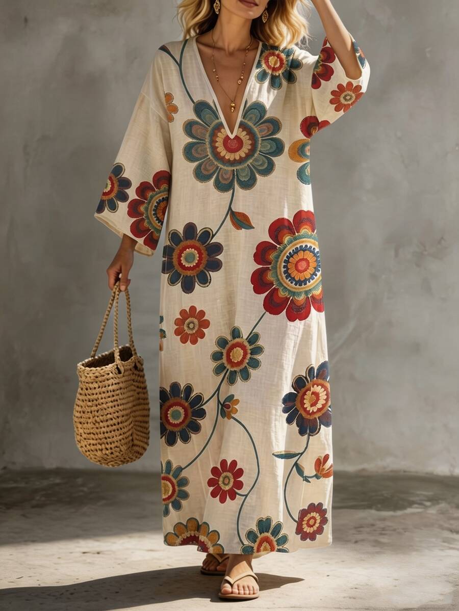 Ceyna Plus Size Deep V-Neck Symmetrical Placement Print Long Loose Drop Shoulder Dress - Multicolor - View 1