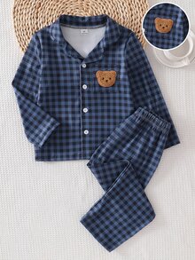 2件組男童幼兒居家服套裝，兒童藍黑格紋睡衣套裝，男童翻領熊刺繡休閒服長袖2件套 - 寶藍色 - 查看 3