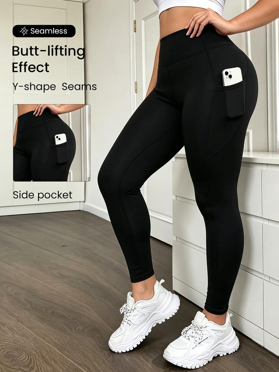 SHEIN Sweetro Women's Plus Size Solid Color High Waist Casual Daily Wear Sports Tight Leggings - Black - View 1