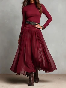 LUMIGAL AB Color Block Knit Faux Sweater Ribbed Fitted Semi-High Neck A-Line Vintage Elegant Versatile Inner Layer Party Outing Commute French Style Women's Dress - Burgundy - View 4
