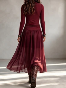 LUMIGAL AB Color Block Knit Faux Sweater Ribbed Fitted Semi-High Neck A-Line Vintage Elegant Versatile Inner Layer Party Outing Commute French Style Women's Dress - Burgundy - View 2