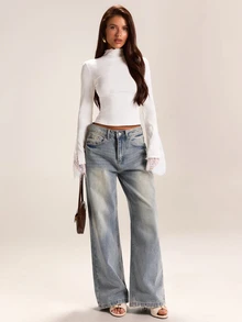 SHEIN BAE Autumn/Winter Solid White Mock Neck Long Sleeve Ribbed Knit Cuff Contrast Lace Women's Top, Practical Base Layer - White - View 3