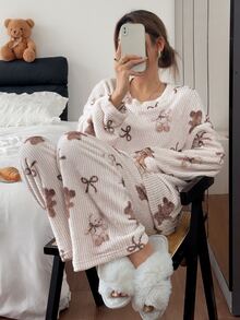 Napfluff Cute Striped Bear Print Crew Neck Long Sleeve Pants Pajama Set For Women - Khaki - View 4