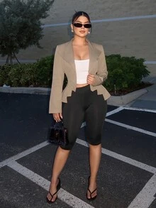 SHEIN SXY Jaket Wanita Gaya Jalanan Lengan Panjang dengan Hem Asimetris - Khaki - View 5