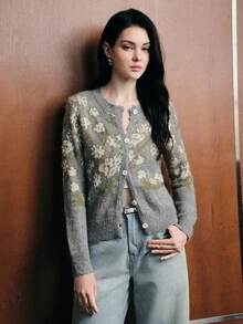 Anewsta Women's Autumn Knit Jacquard Cardigan, Comfortable Knit Outerwear - Grey - View 5