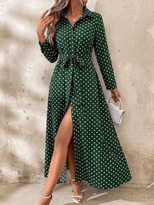SHEIN Clasi 女款波點長袖休閒襯衫洋裝 - 墨綠色 - 查看 7
