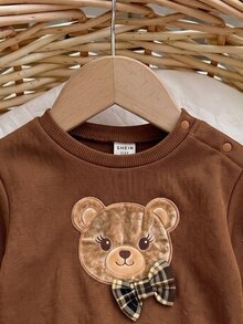 SHEIN Kids Kids Kids Newborn Cartoon Bear Pattern Patchwork Plaid Long Sleeve Autumn Winter Dress Baby - Brown - View 4