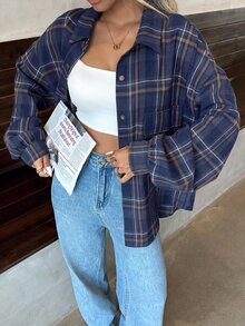 Breezaya 女款格紋落肩長袖單排扣休閒寬鬆襯衫 - 藏蓝色 - 查看 3