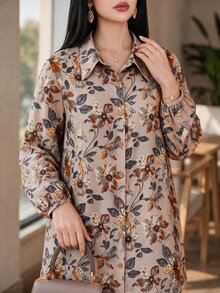 SHEIN Lady CURVE Plus Size Women's Botanical Print Long Sleeve Shirt And Pants Casual 2 Pieces Set - Beige - View 9