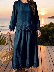 Modelyn 女款法式白色蕾絲刺繡拼接上衣與裙子兩件套 - 藏蓝色 - 查看 8