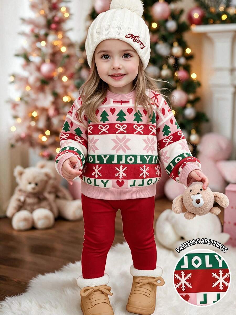 Baby Girls 2 Pieces Set, Fashionable Cute Snowflake Christmas Tree Letter Faux Knit Print Crew Neck Long Sleeve Sweatshirt Top And Ribbed Leggings Pants, Soft Fabric, Suitable For Christmas, Autumn/Winter - Multicolor - View 1