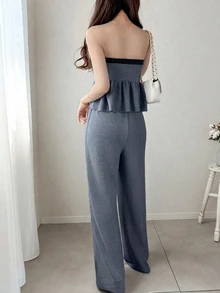 FRIFUL 女款無肩帶對比飾邊荷葉拼接寬鬆下擺上衣與寬腿褲甜美兩件套 - 灰色 - 查看 5