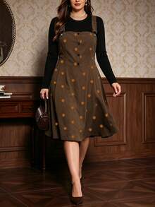 Auvina Set Atasan Lengan Panjang Warna Polos dan Gaun Suspender untuk Wanita Ukuran Besar - Coklat - View 1