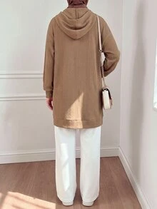 Lacomfia Women's Hooded Long Sleeve Loose Textured Jacquard Casual Versatile Autumn/Winter Plus Size Jacket - Khaki - View 2