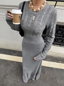 DAZY 秋冬圓領麻花編織長袖中長版修身顯瘦通勤街頭休閒女款針織洋裝 - 灰色 - 查看 3