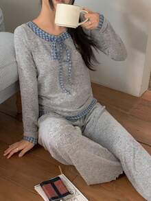 DAZY 2pcs/Set Women's Plaid Patchwork Contrast Color Long Sleeve T-Shirt & Straight Leg Long Pajama Pants Sleepwear Set - Grey - View 14