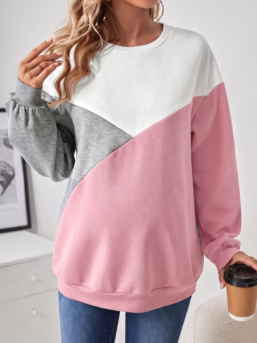 SHEIN Maternity Minimalist Versatile Colorblock Long Sleeve Sweatshirt For Daily Wear - Pink - View 1